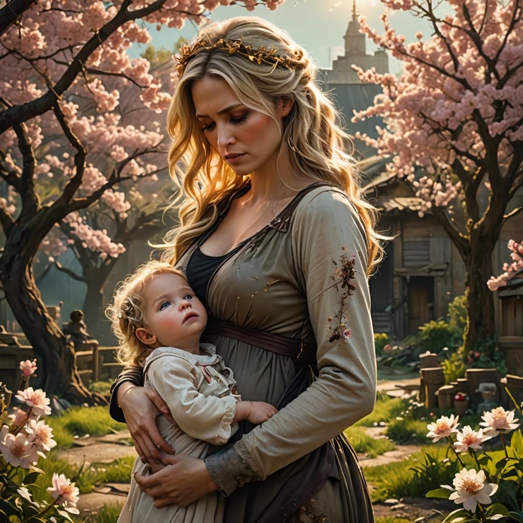 Post-Apocalyptic Mother and Child in a Ruined Garden