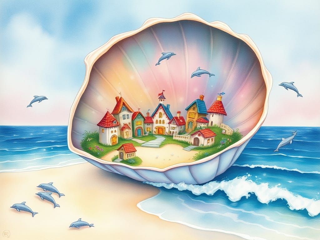 Seaside Fairy Village in Iridescent Seashell Watercolor