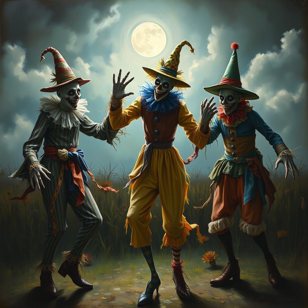 Surreal Clown Scarecrows Dance in Dreamlike Oil Painting