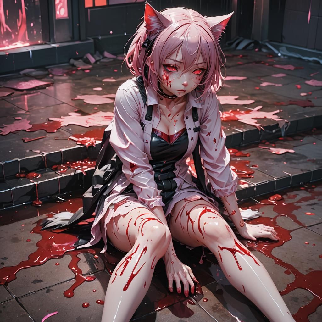 Anime Cat Girl Crying in Neon-Lit Room