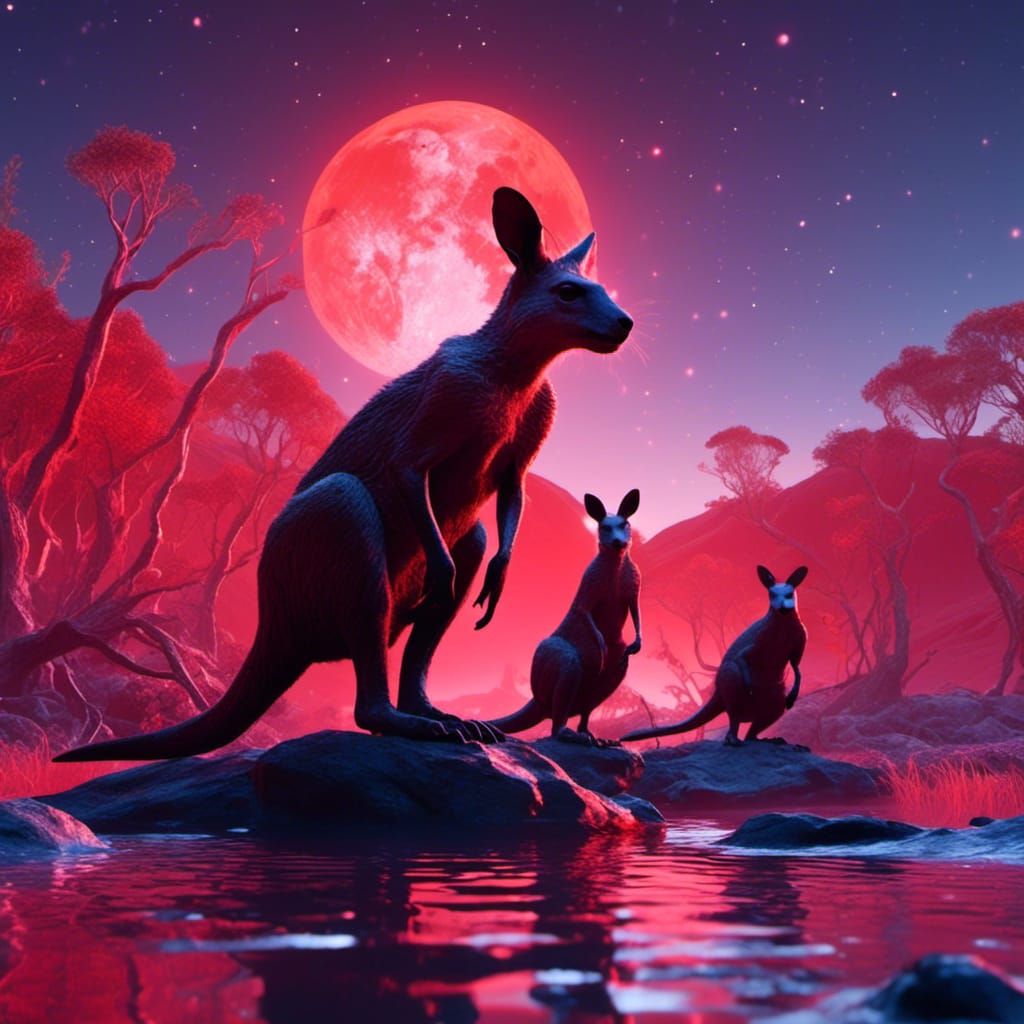 Kangaroos Under Red Eclipse by Glowing Lake