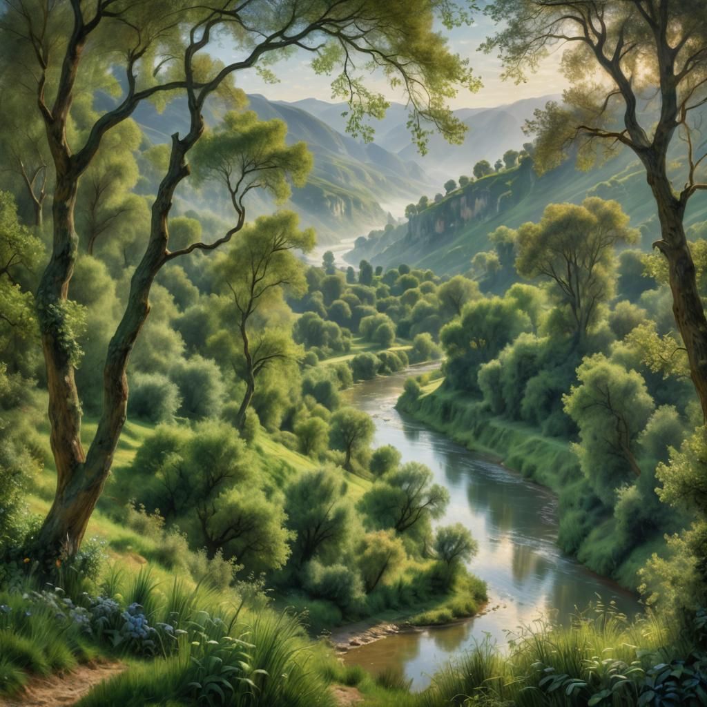Lush Green Valley as Impressionist Painting