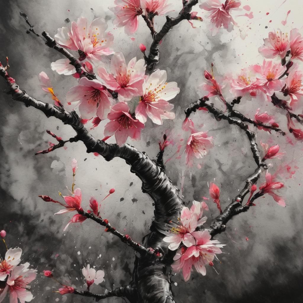 Colorful Cherry Blossoms in Chinese Ink Style