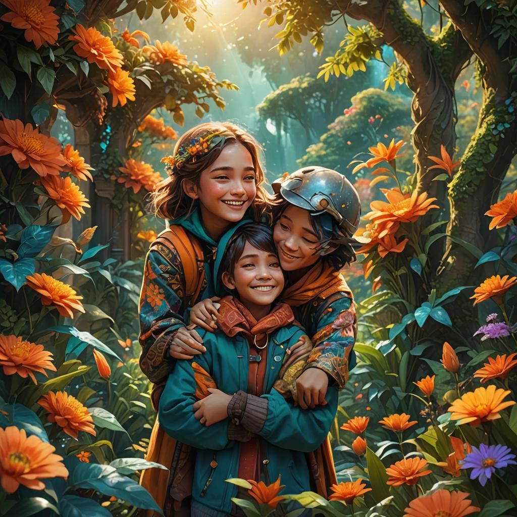 Enchanted Siblings Embrace in Sunlit Garden