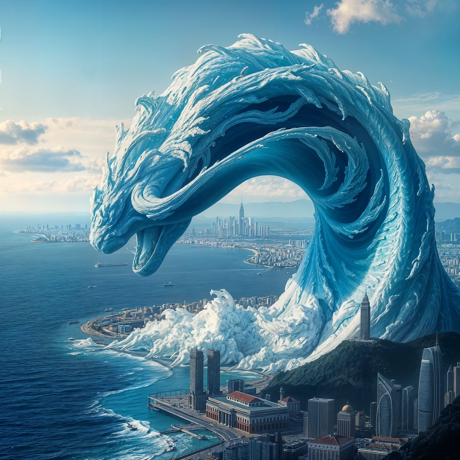 Mystical Sea Serpent Towers Over Coastal City