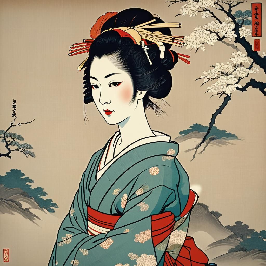 Geisha Portrait in Ukiyo-e Style