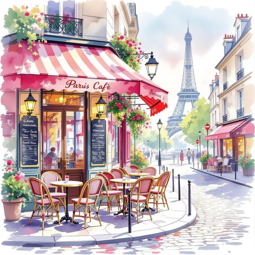Charming Parisian Cafe Watercolor Painting
