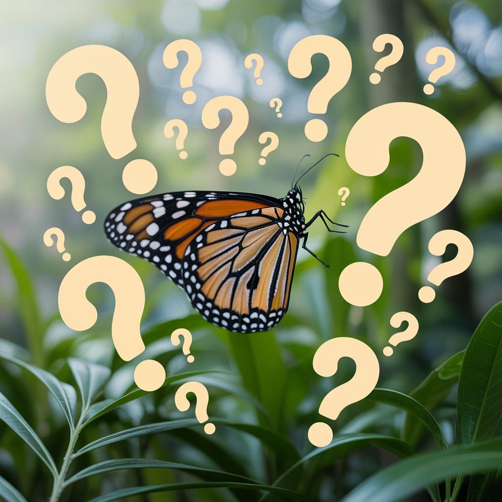 Confused Monarch Butterfly Surrounded by Questions