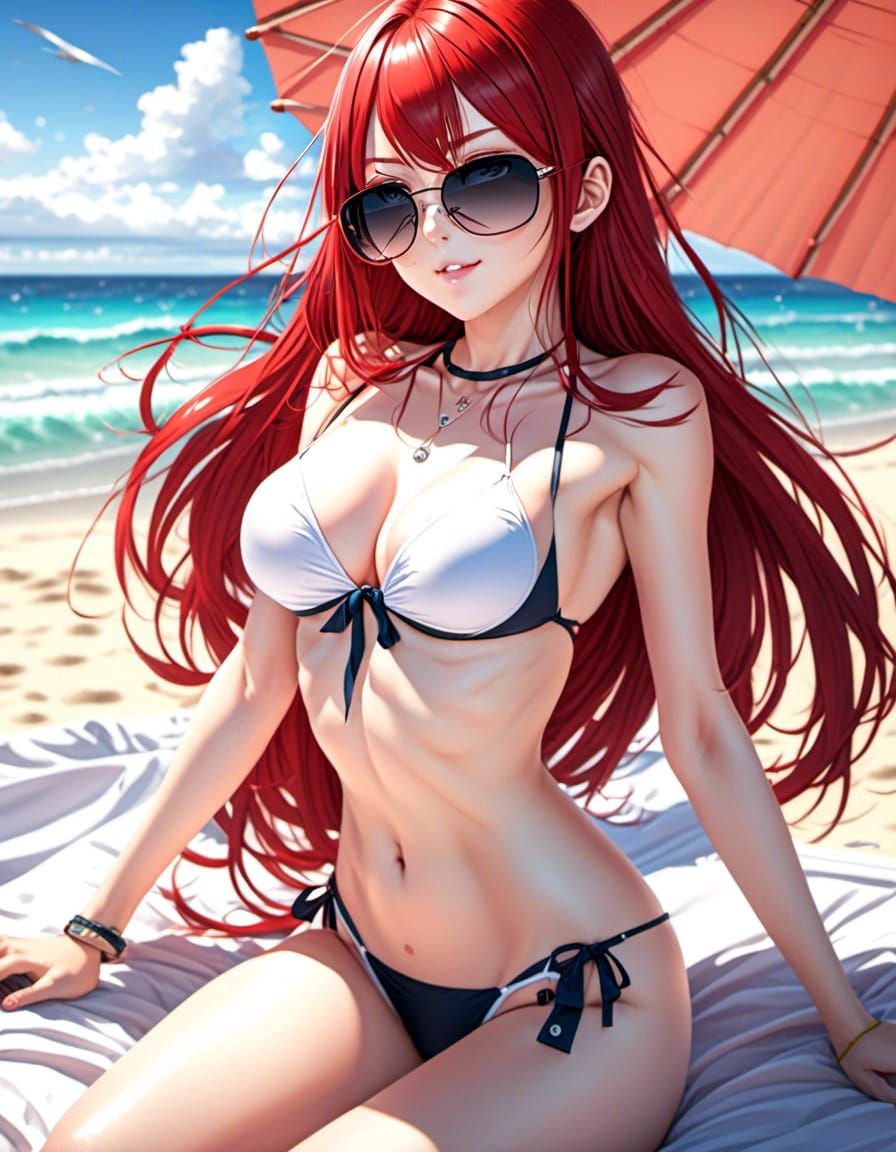 Anime Girl with Red Hair at the Beach