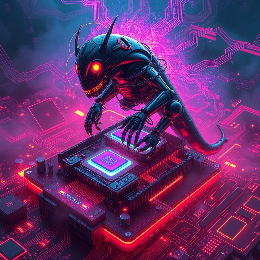 Robot Devouring Chip on Cyberpunk Motherboard