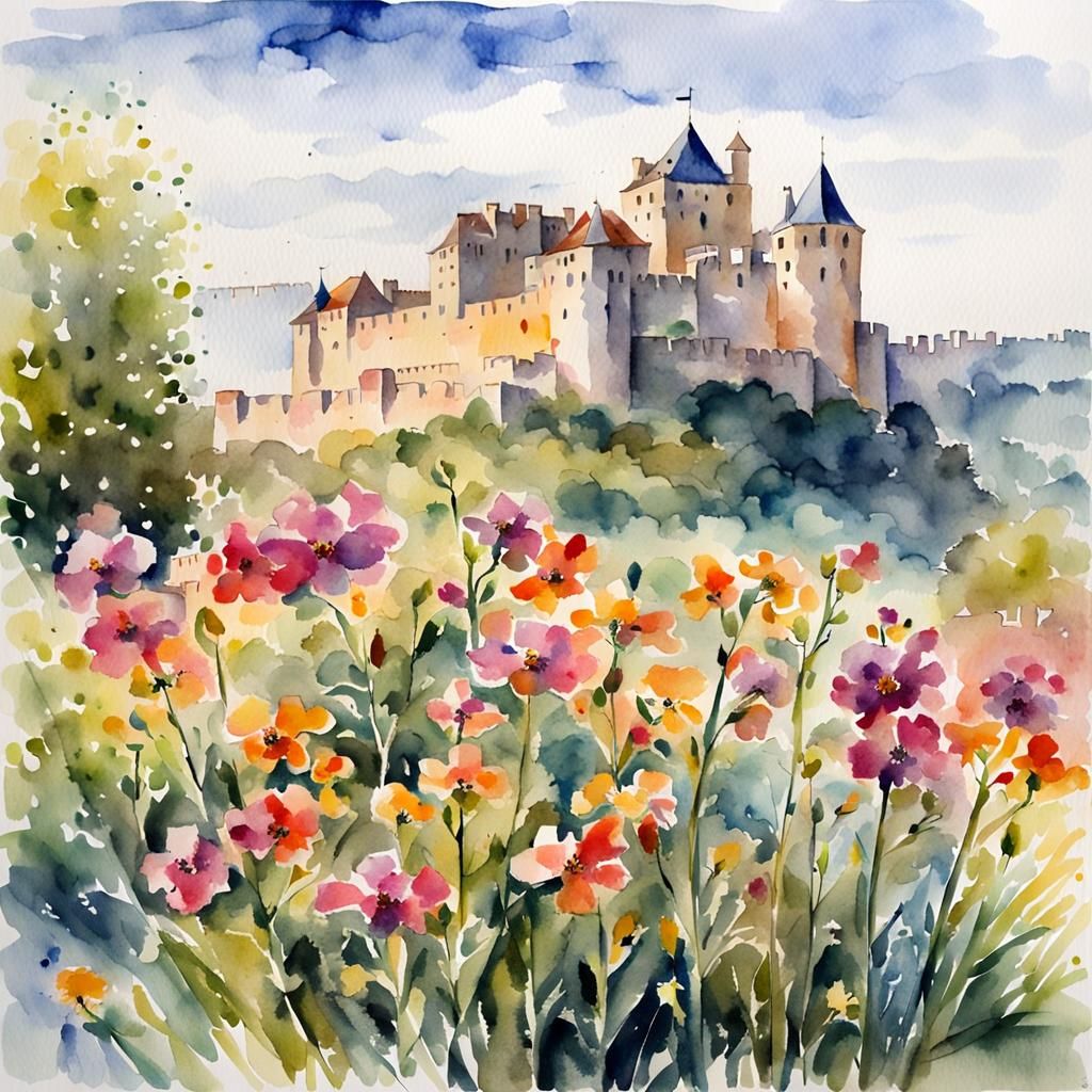 French Castle: Morning Flowers in Watercolor