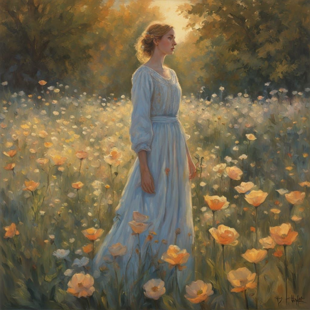 Serene Woman in Misty Meadow: Fantasy Realism Portrait