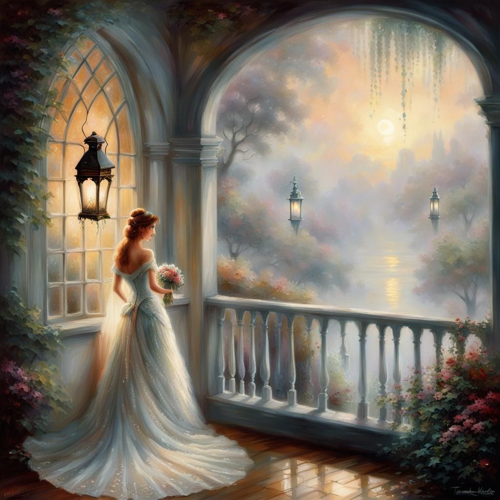 Ethereal Bride with Lantern in Kinkade Style