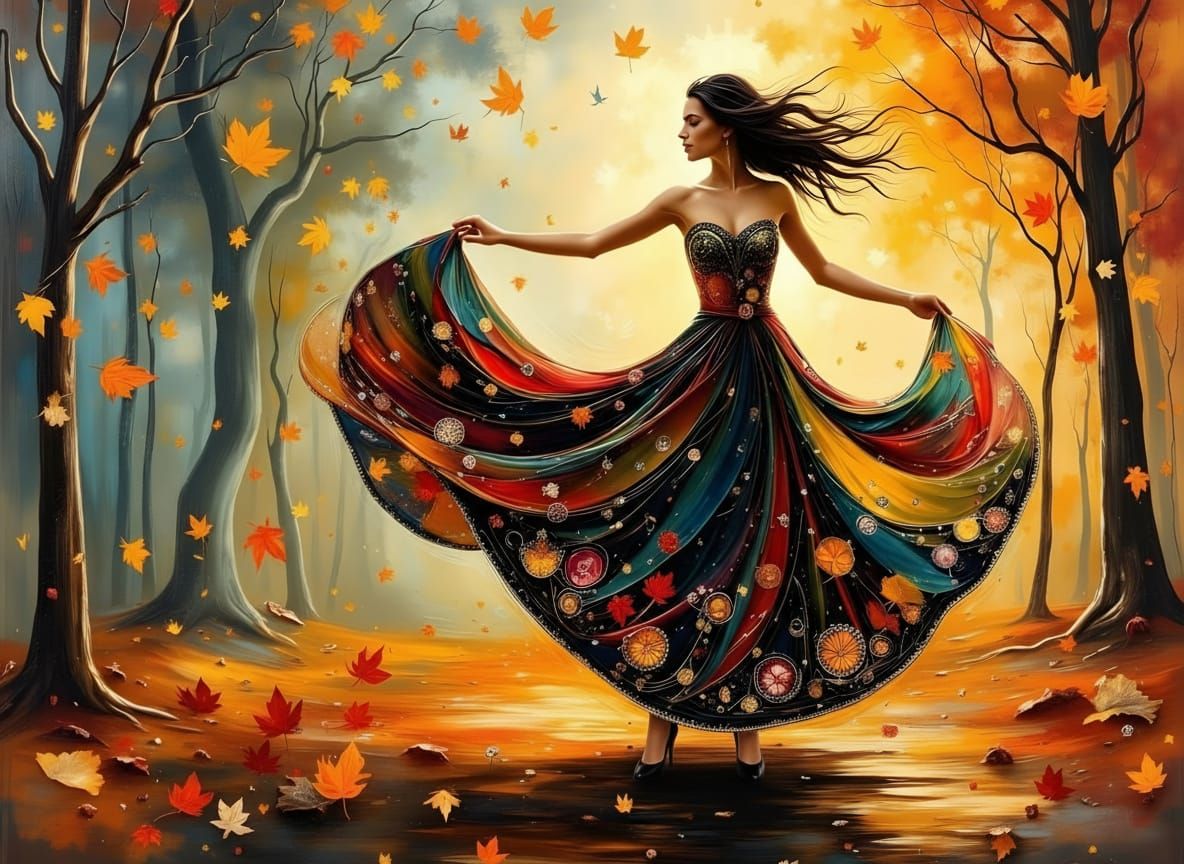 Abstract Woman Dancing in Vibrant Fall Colors