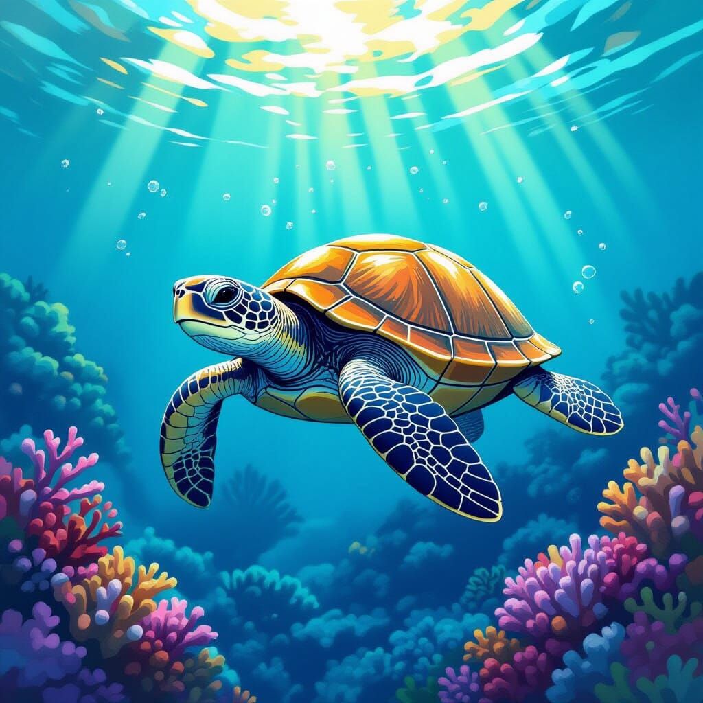 Turtle Swimming in Coral Reef, Fantasy Art Style