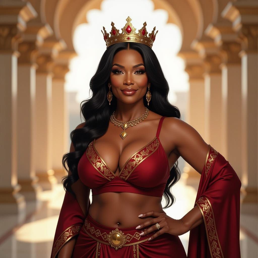 Regal Dark-Skinned Queen with Crown in Royal Palace