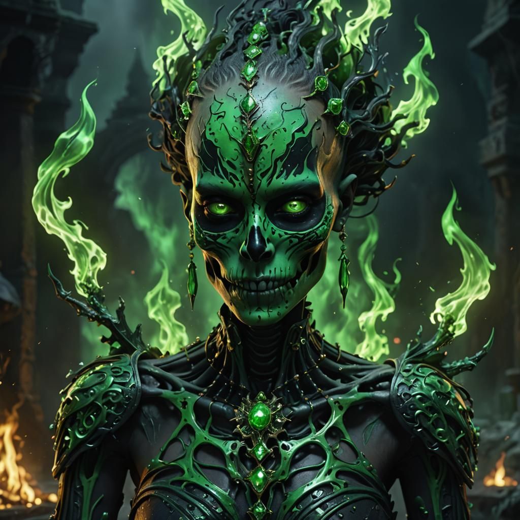 Black Skeleton Woman in Green Flames: Fantasy Art