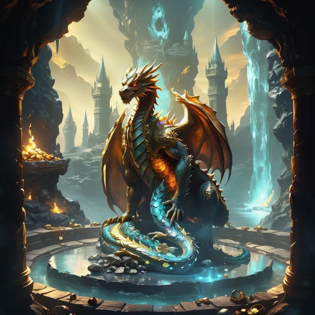 Majestic Dragon on Treasure Hoard in Cave
