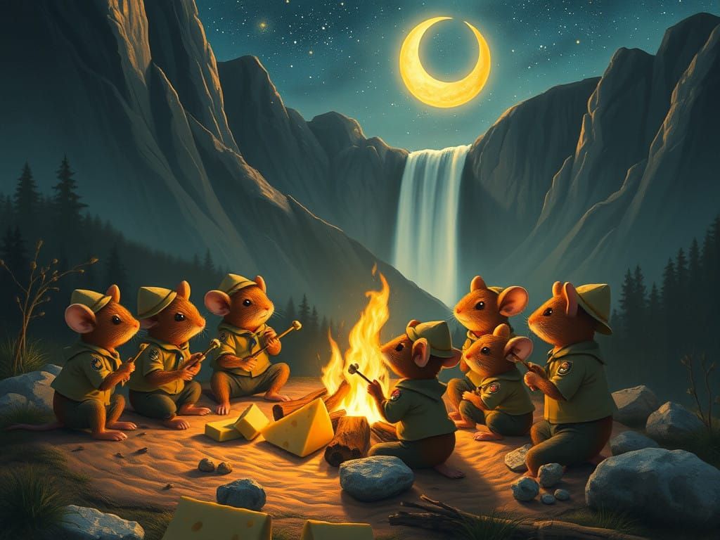 Miniature Scouts Gather Round a Campfire Under Starry Wilder...