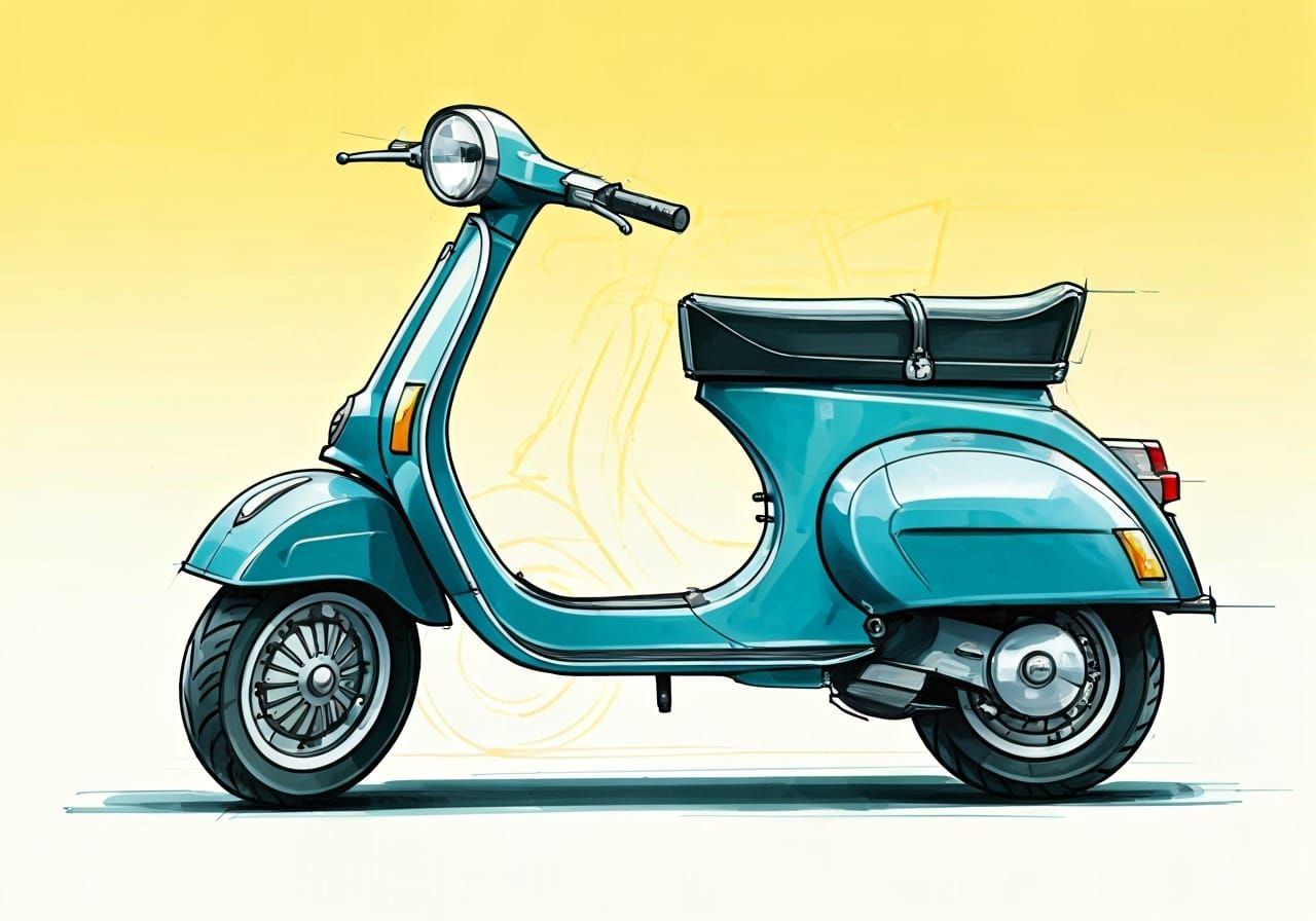 Turquoise Vespa Scooter Concept Sketch in Syd Mead Style