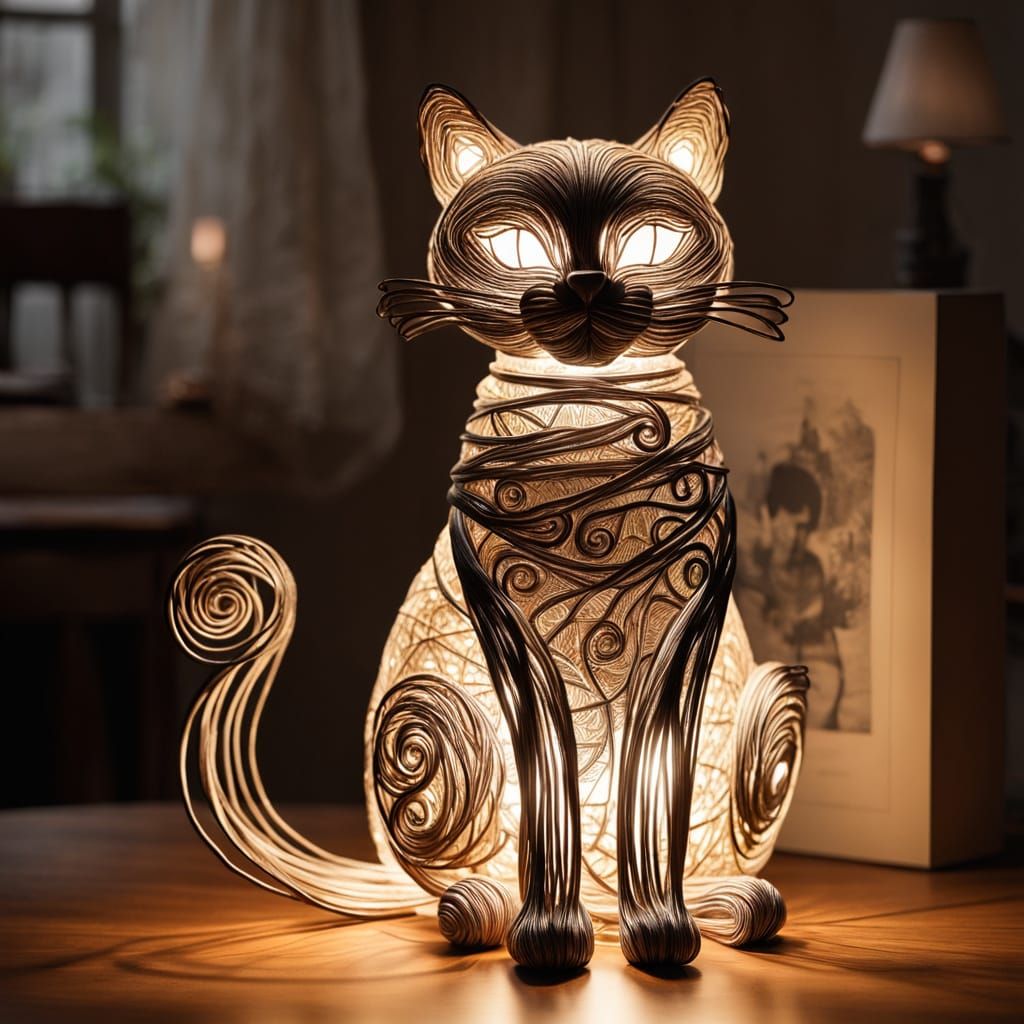Intricate Wire Cat Sculpture on Wooden Table