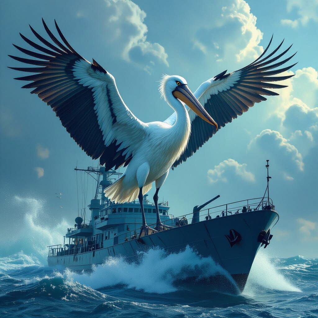 Giant Shoebill Stork on Naval Ship in Crashing Waves