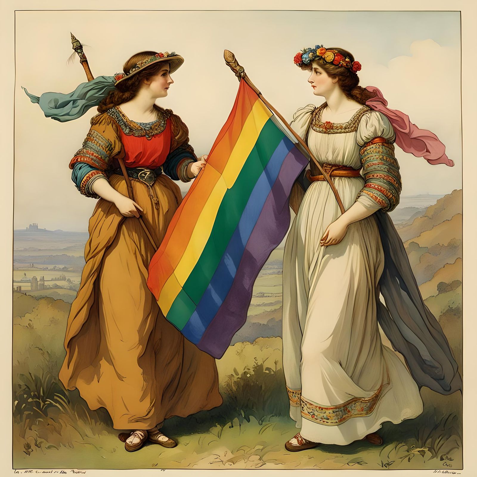 Pride Event: Women with Rainbow Flag in Pre-Raphaelite Style