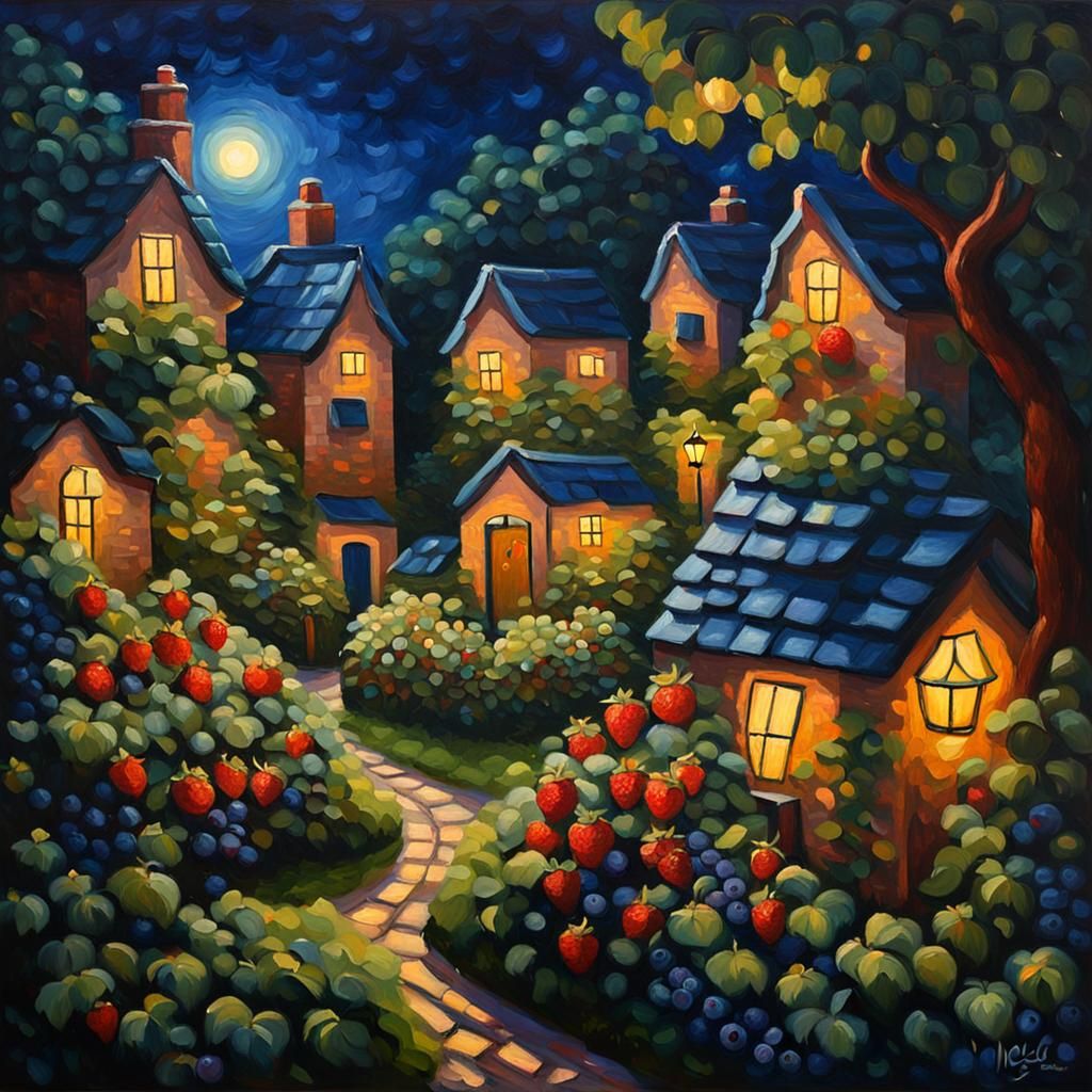 Fruit Village Fairy Garden at Night