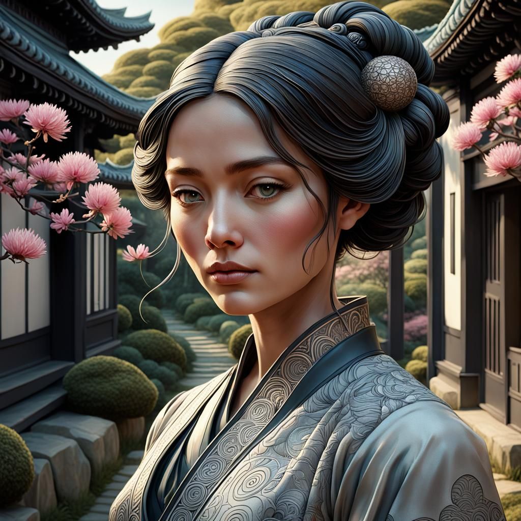 Zen Garden Portrait in Black Ink