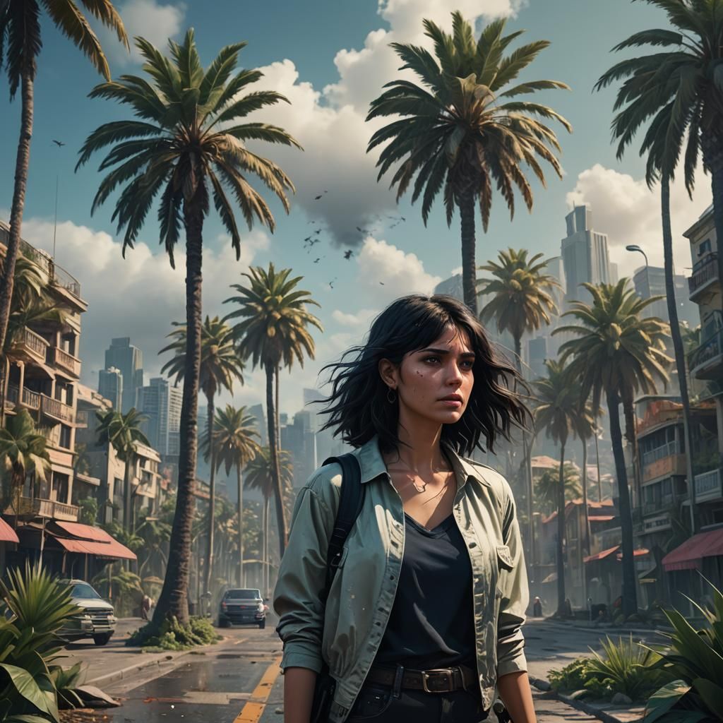 Dystopian Woman in City with Palm Trees