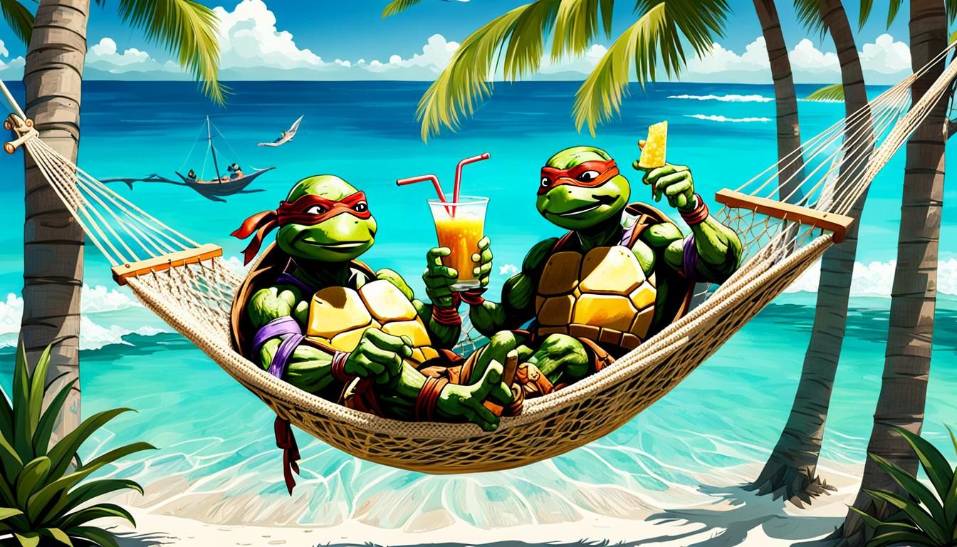 TMNT Relaxing with a Piña Colada