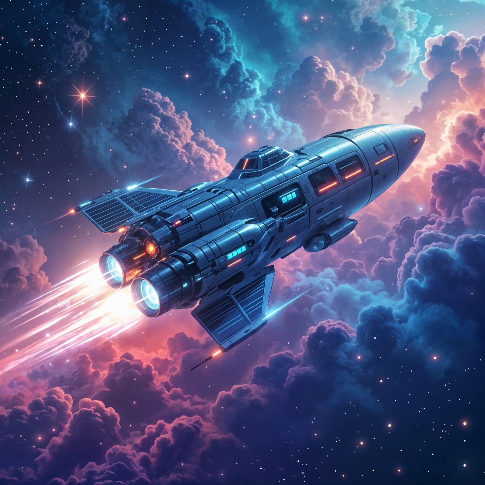 Futuristic Rocket Soars Through Cosmic Nebula
