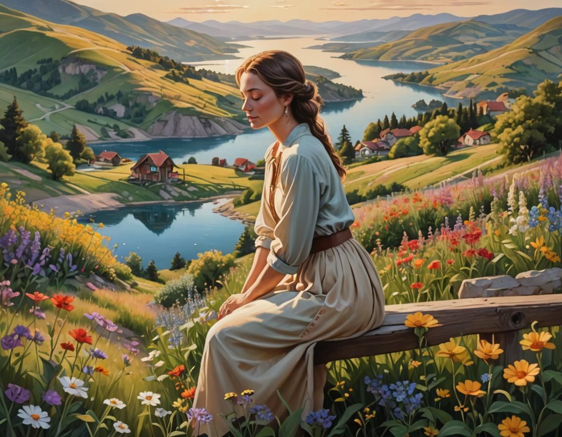 Woman in Golden Light: Hyperrealistic Countryside Painting