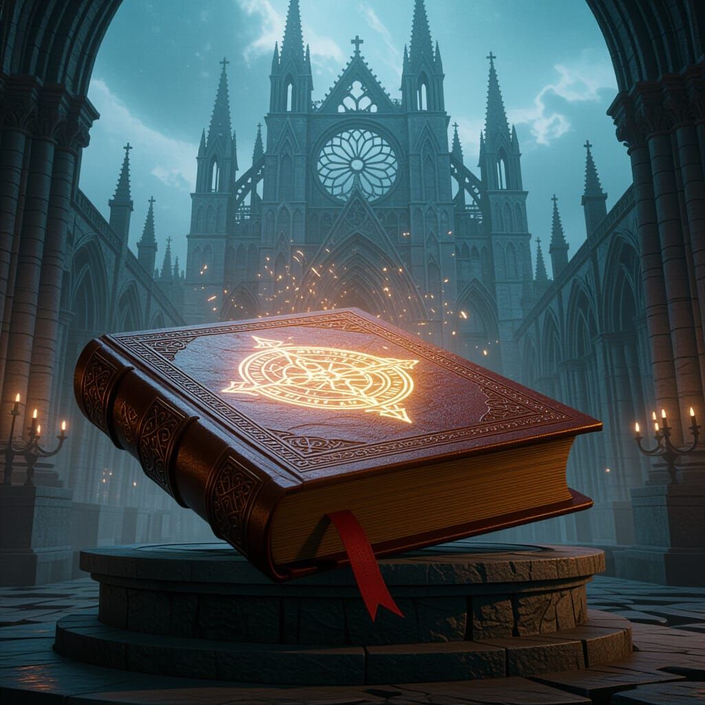 Ancient Arcane Book on Pedestal in Ruined Cathedral