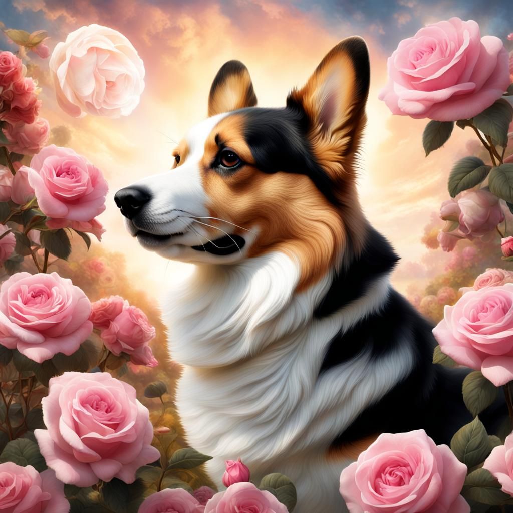 Cinematic Corgi Dog with Roses Digital Painting