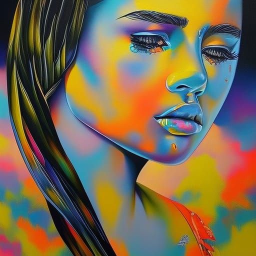 Sad Girl in Colorful Graffiti Street Art