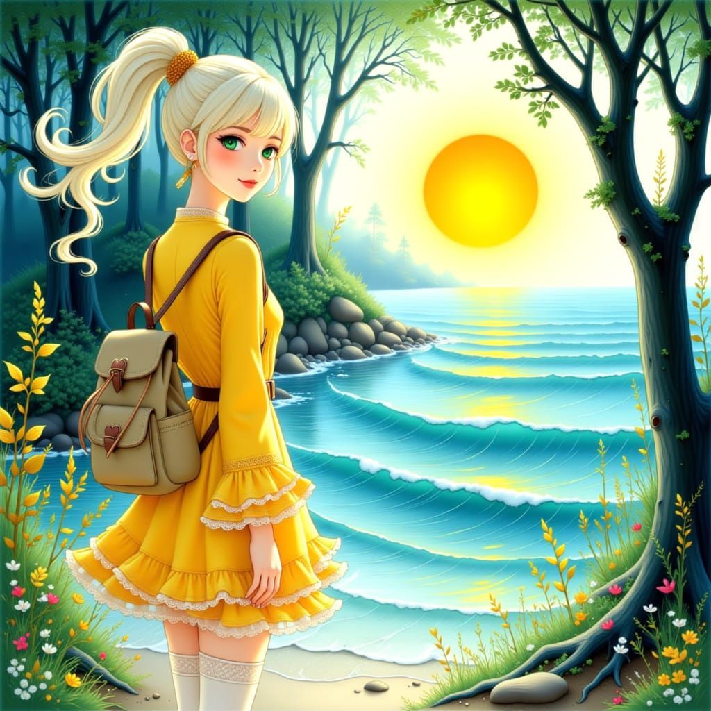 Anime Girl with Green Eyes by the Sea
