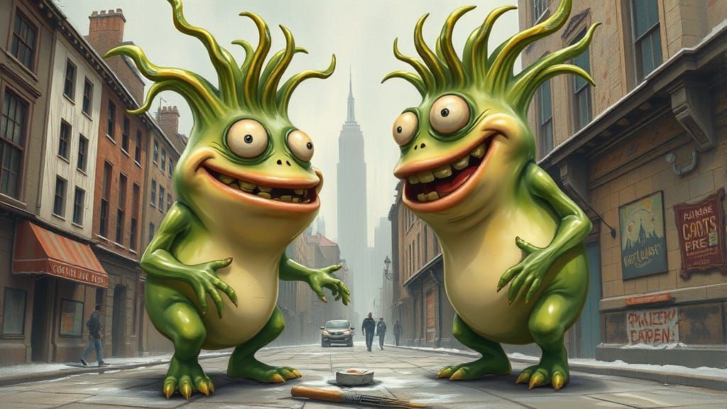 Fanciful Monster Leek Hybrids in Vibrant Cityscape