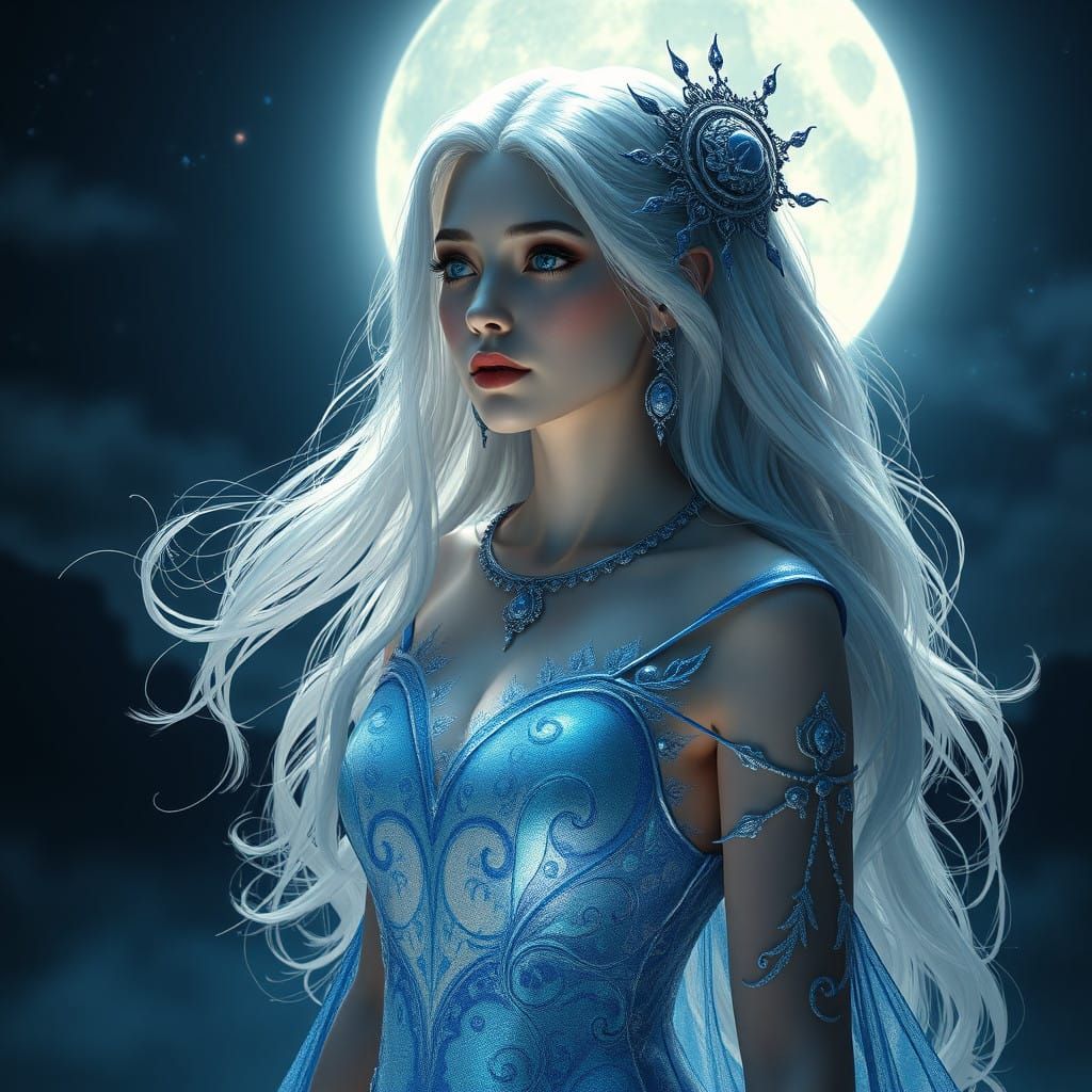 Moon Goddess in Nocturnal Elegance, D&D Style Painting