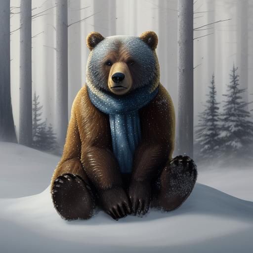Bear in Snowy Forest: Impressionist Digital Art