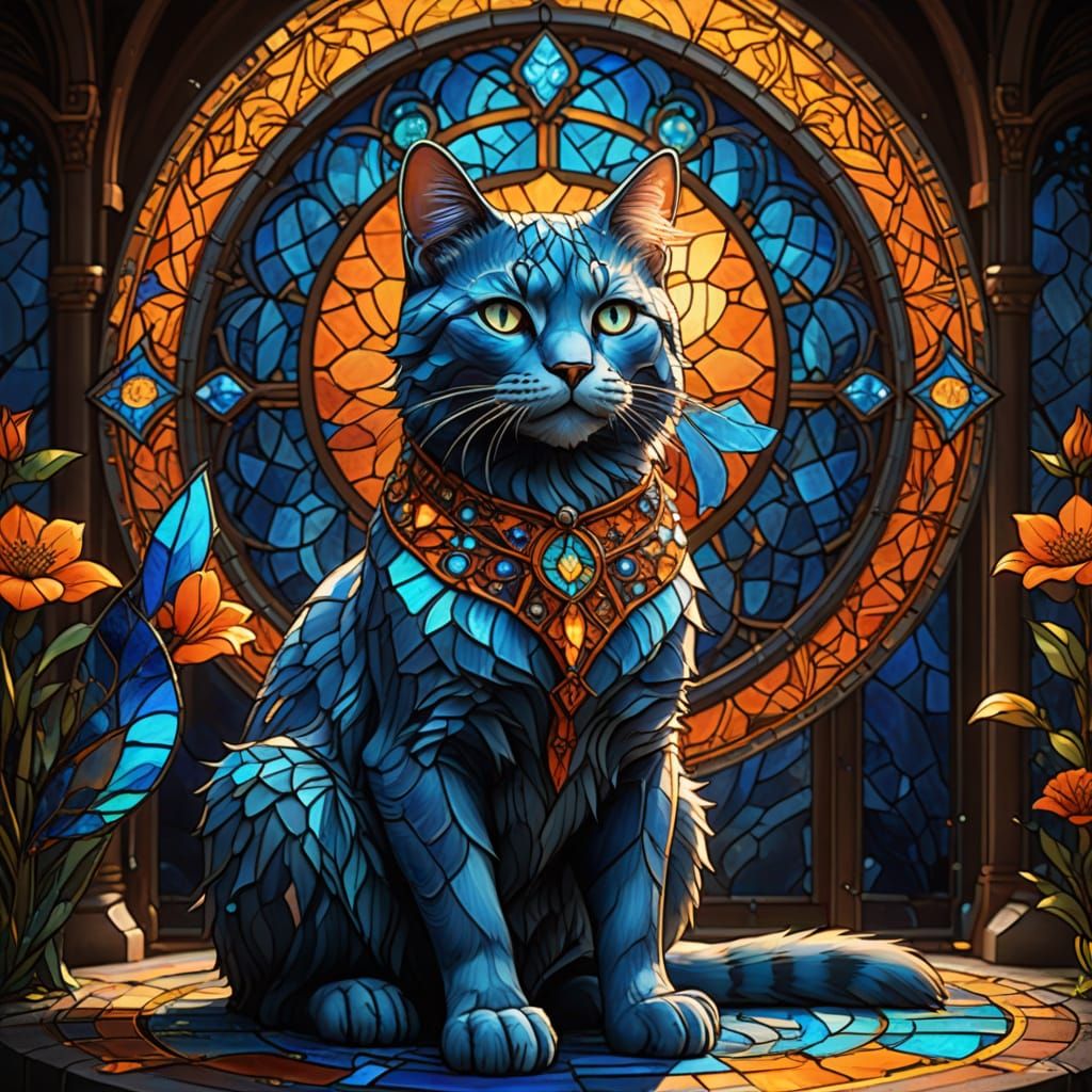 Stained Glass Cat Basks in Radiant Light