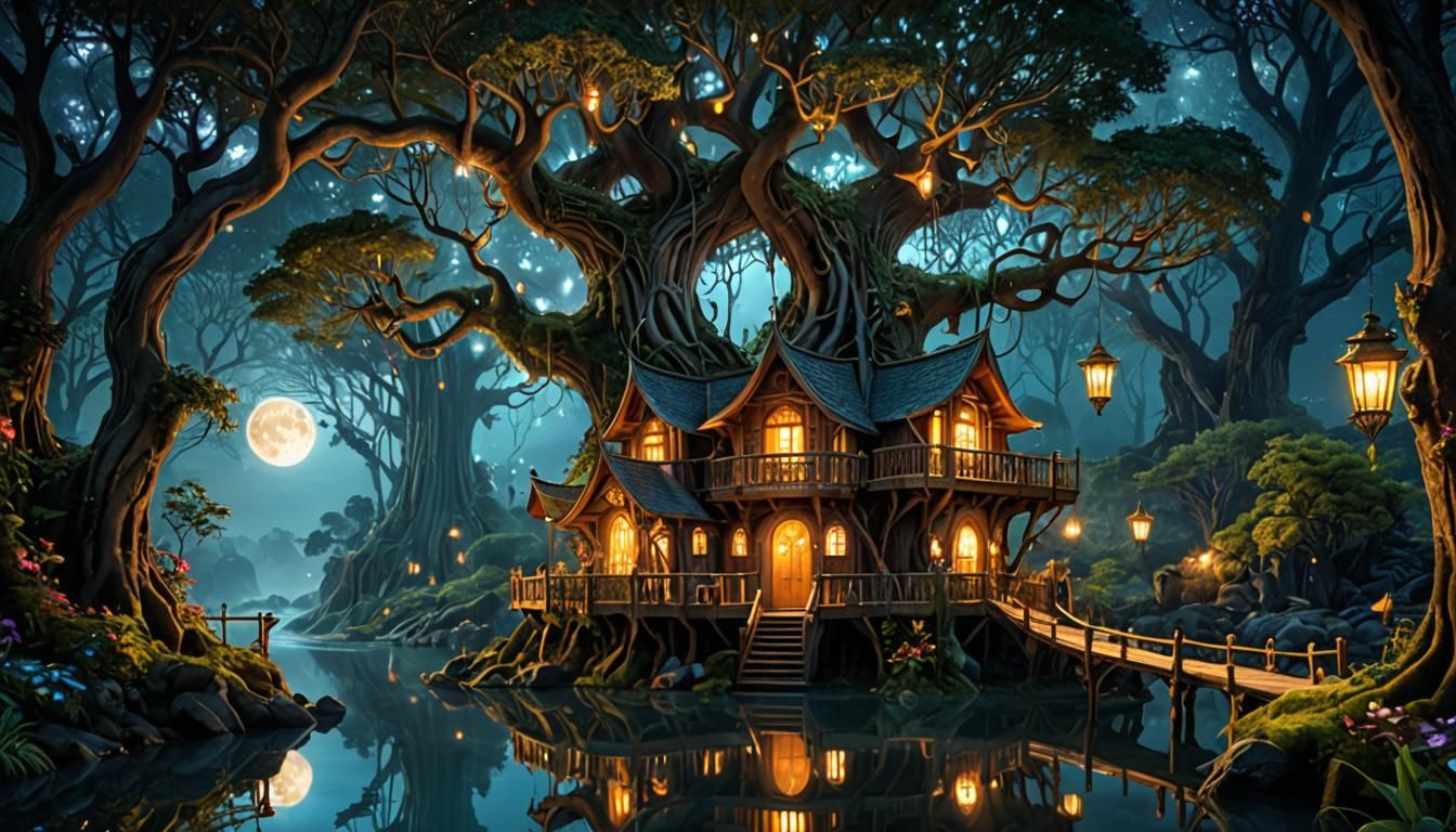 Lothlorien Elven Treehouses by Moonlit Lake