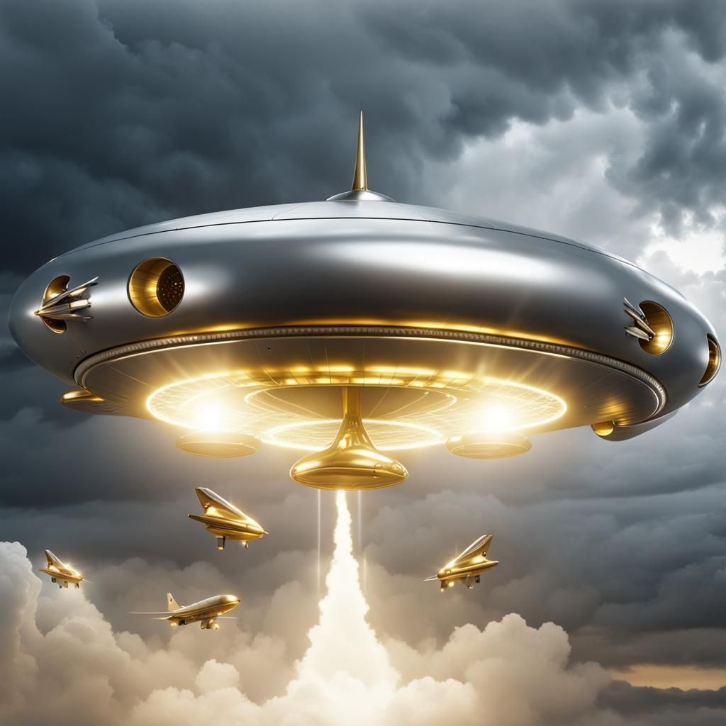 Silver Airplane Meets Golden UFO in Thunderstorm