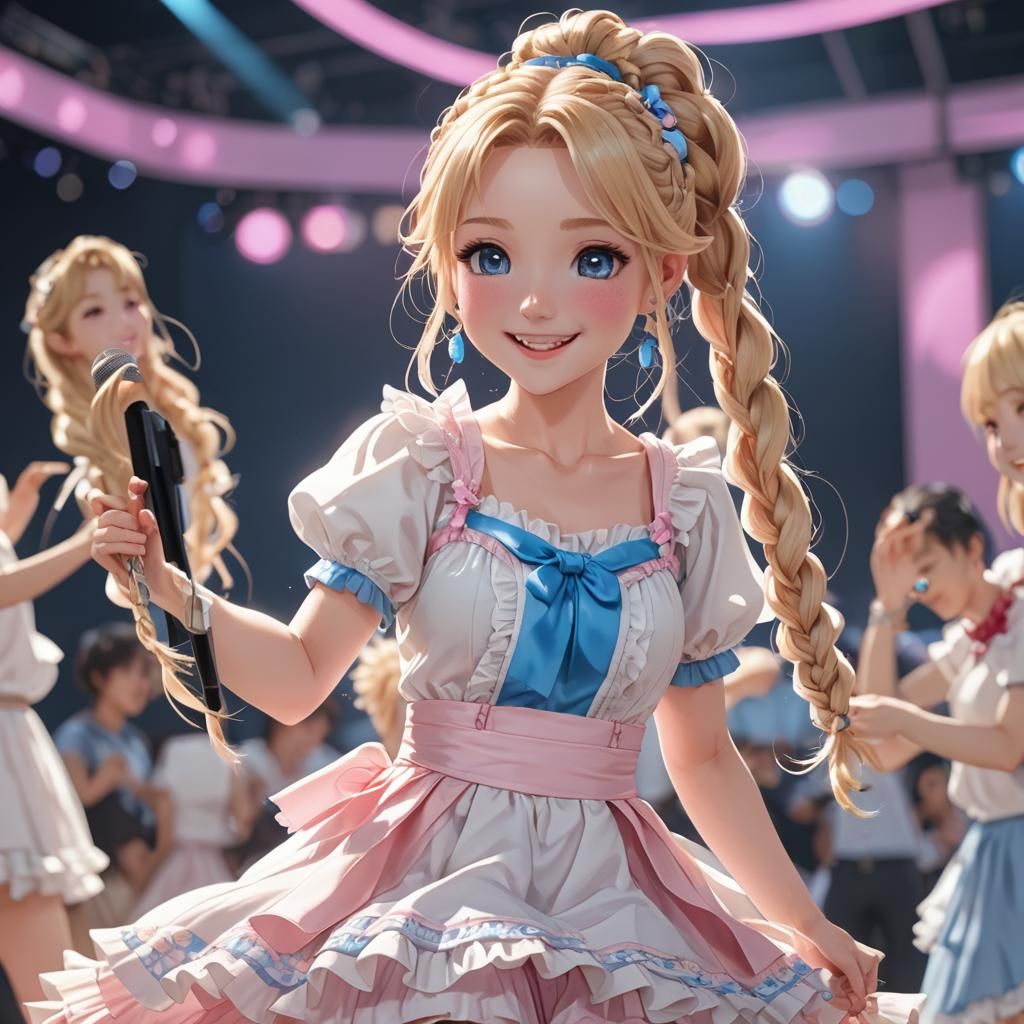 Blonde Anime Girl Dancing Onstage in 3D Anime Art
