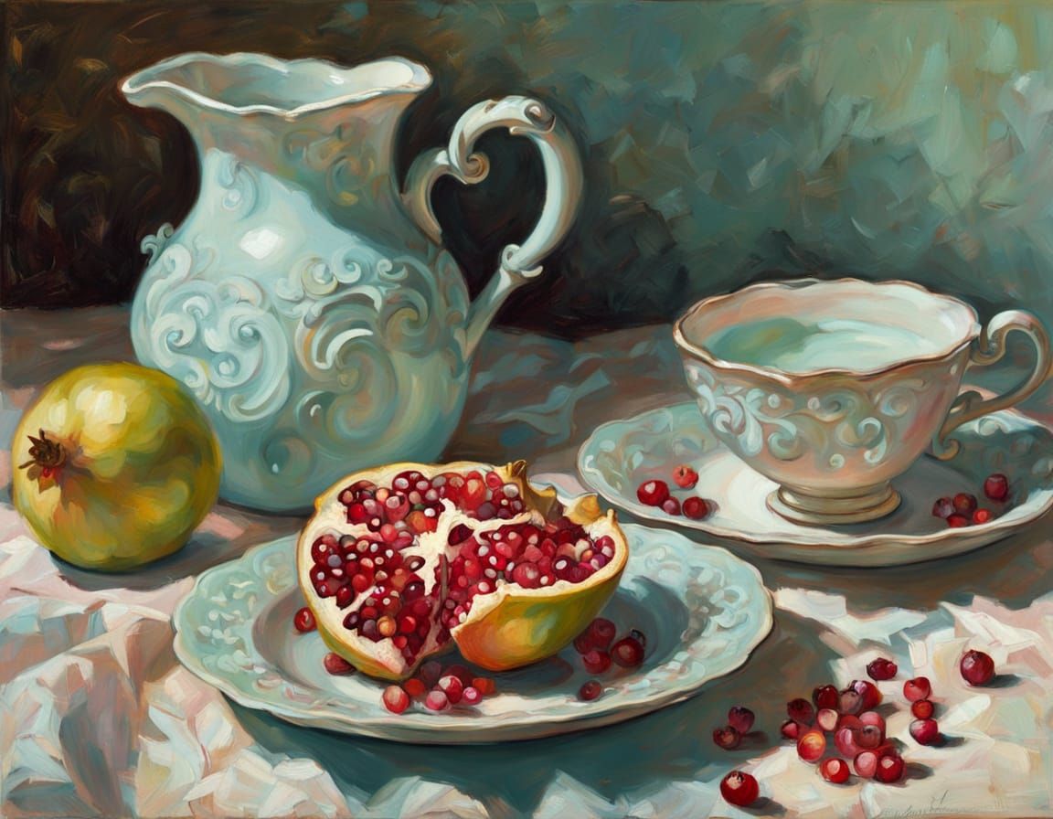 Impressionist Acrylic Still Life with Pomegranates and Cake