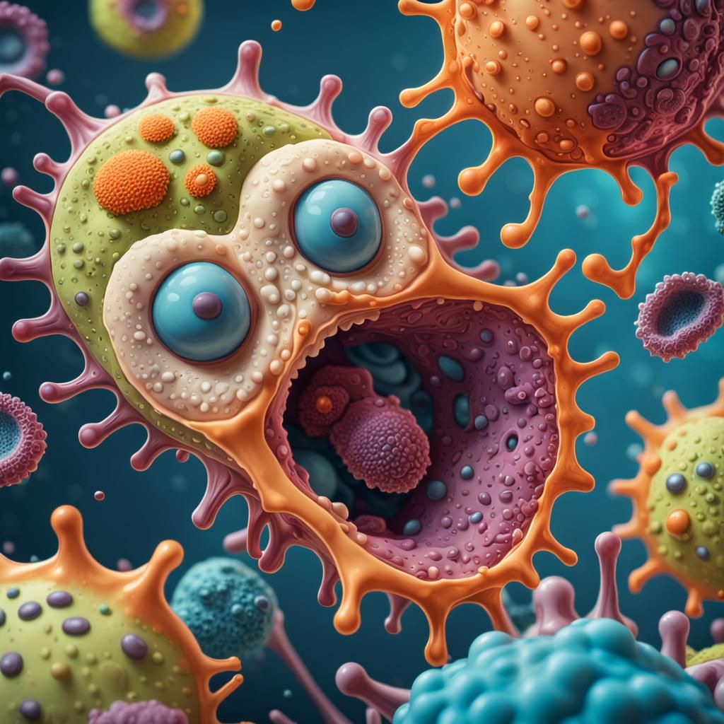 Amoeba creating a multi cell organism on a science table.  Closeup comical