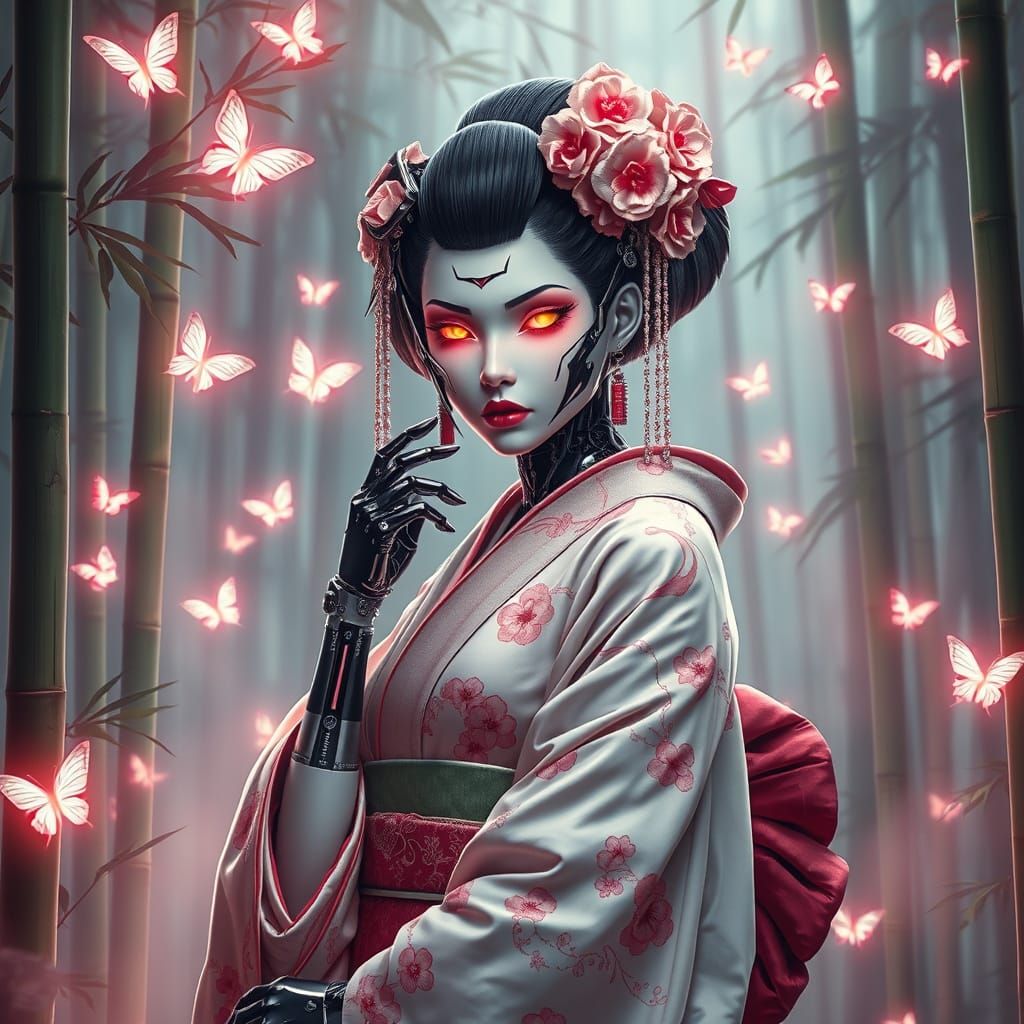 Cyborg Geisha in Futuristic Garden