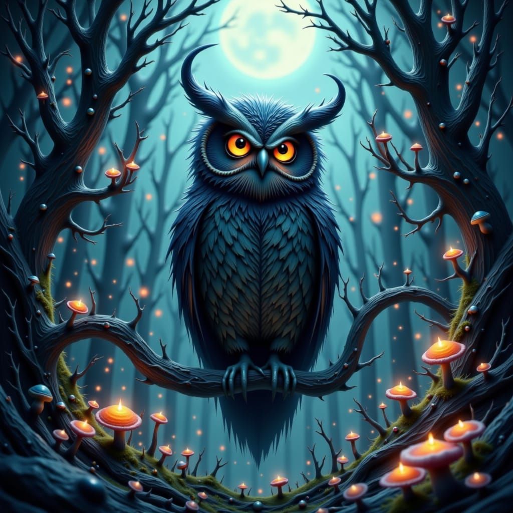 Wise Owl in Bioluminescent Forest, Digital Art