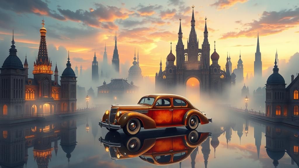 Mystical Hot Rod in Dreamlike Cityscape: Surreal Art