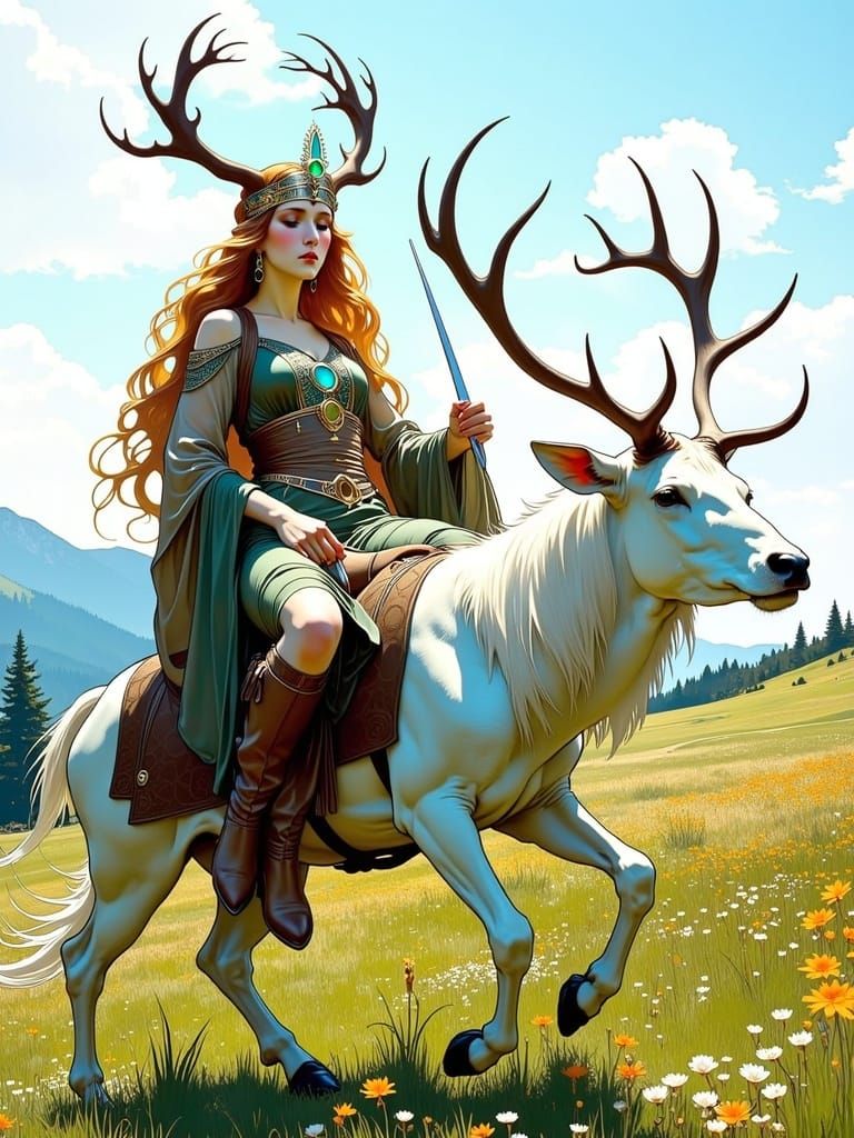 Pagan Priestess Rides Stag in Art Nouveau Style